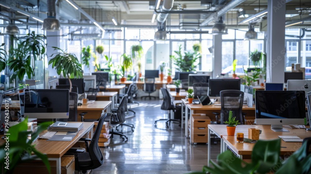 A modern open-plan office with rows of desks, sleek workstations with monitors and laptops, bright lighting and indoor plants A modern open-plan office with rows of desks, sleek workstations with monitors and laptops, bright lighting and indoor plants