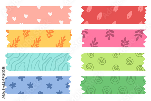 Collection of cute washi tape. Vector isolates in cartoon flat style.