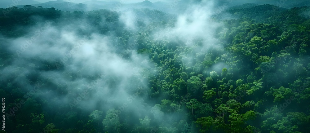 Misty Rainforest Aerial View with Fog and Copy Space. Concept Misty Rainforest, Aerial View, Fog, Copy Space