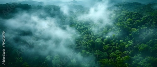 Misty Rainforest Aerial View with Fog and Copy Space. Concept Misty Rainforest  Aerial View  Fog  Copy Space