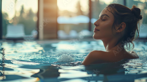 Young woman relaxes in a spa pool, swimming in warm water. Concept of relaxation, rest.