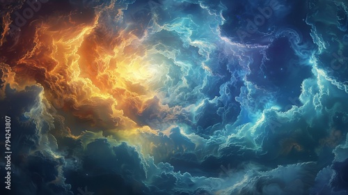 Digital artwork of a dramatic cloudscape, blending warm and cool tones to create a visually stunning celestial scene.
