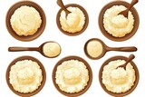 Various types of mashed potatoes in wooden bowls. Perfect for food blogs or restaurant menus