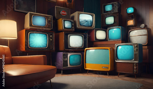 Stack of retro TV and radio set from circa 60s, 70s and 80s of XX century. Vintage television concept. Generative AI 