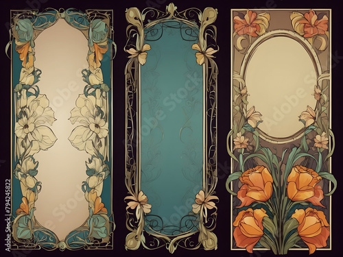 Art Nouveau-colored empty banners. Romantic art deco modern frames with floral ornaments, vintage color borders, retro packaging decor with flowers