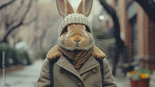 Stylish hare hops through city streets with tailored flair, epitomizing street style. The realistic urban backdrop frames this fashionable lagomorph, merging natural charm with contemporary elegance i photo