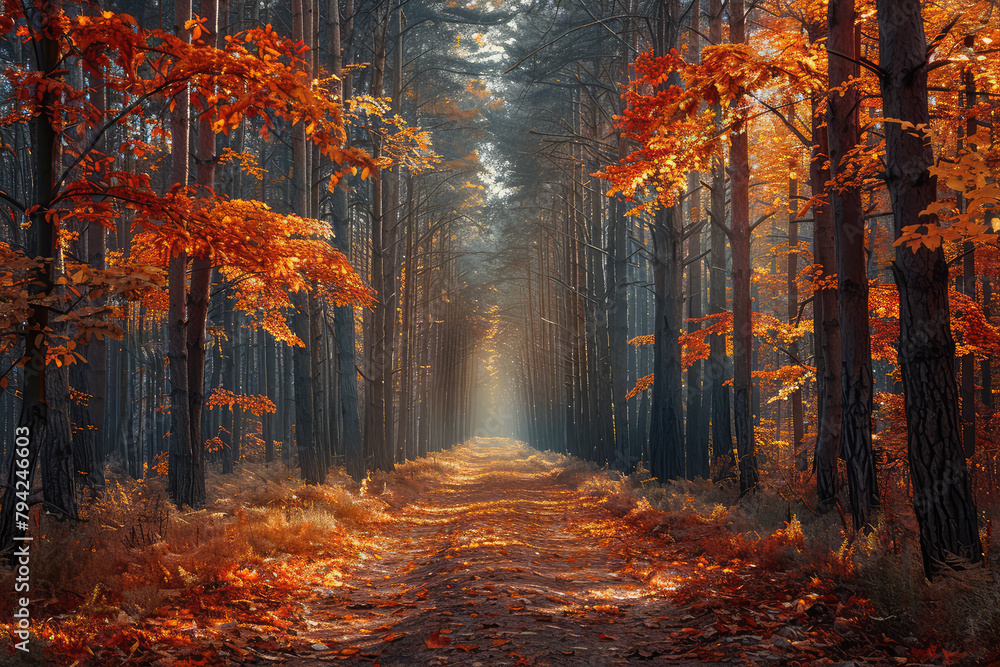 A forest road lined with tall trees, covered in red and orange leaves, leading into the distance. Created with Ai