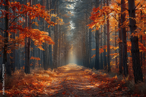 A forest road lined with tall trees  covered in red and orange leaves  leading into the distance. Created with Ai