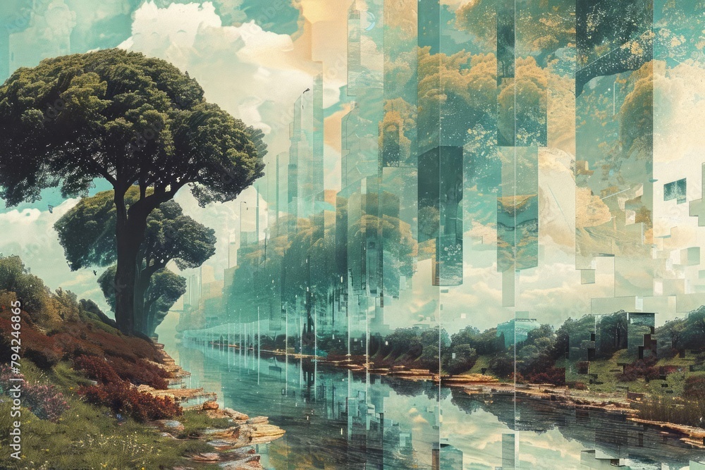 Pixelated landscape, fragmented reality, digital blocks, surreal nature interpretation