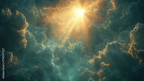 A cinematic shot of the sunset in heaven, with clouds and sun rays shining through them. Created with Ai photo