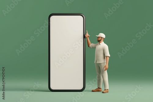 d illustration of man standing next to huge 3d model of smartphone with empty white screen isolated on green background