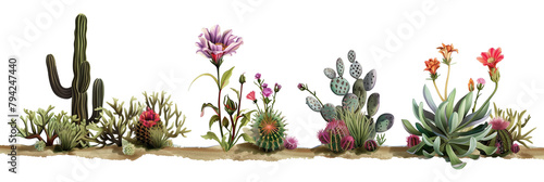 set of desert flowers, each with their own unique adaptations and surrounded by arid foliage, isolated on transparent background