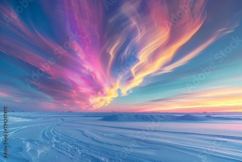 Glorious display of polar stratospheric clouds, vibrant colors high in the winter sky photo