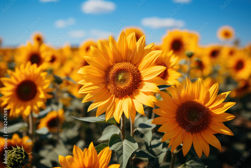 Fototapeta premium A field of sunflowers on the background of a picturesque landscape