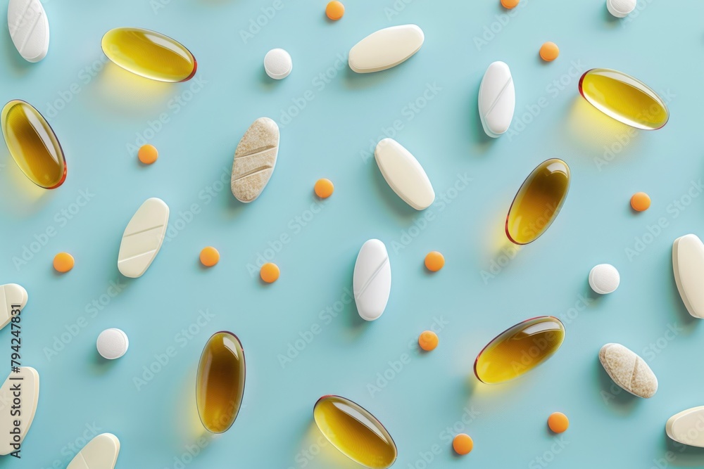 Colorful pills arranged on a blue background. Suitable for medical concepts Colorful pills arranged on a blue background. Suitable for medical concepts