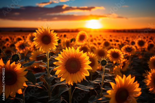 A field of sunflowers on the background of a picturesque landscape