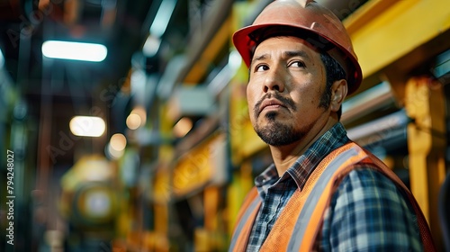 Confident Hispanic Male Factory Worker Inspecting Machinery © Andreas