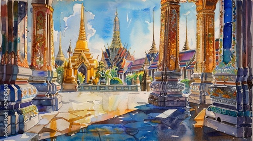 Watercolor style. Wat Phra Kaew, Emerald Buddha temple, Wat Phra Kaew is one of Bangkok's most famous tourist sites in Thailand