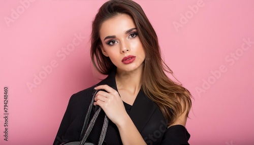 Portrait of young woman with makeup in fashion clothes on pink background photo