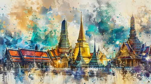 Watercolor style. Wat Phra Kaew, Emerald Buddha temple, Wat Phra Kaew is one of Bangkok's most famous tourist sites in Thailand photo
