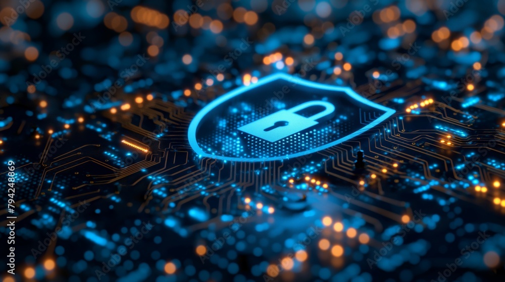 Fototapeta premium Abstract Cybersecurity Concept with a Shield and Lock Icon on an Intricate Electronic Circuit.
