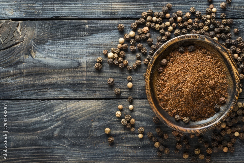 A wooden bowl filled with a mixture of spices. Perfect for food and cooking concepts A wooden bowl filled with a mixture of spices. Perfect for food and cooking concepts