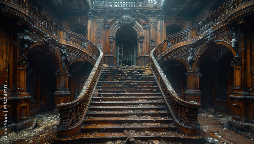  A detailed photo of an abandoned mansion's grand staircase, with worn wooden railings and cracked walls. Created with Ai