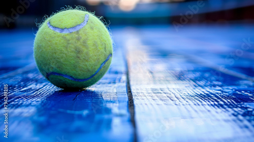 A tennis ball is sitting on a blue surface. The ball is slightly deflated and has a white line on it
