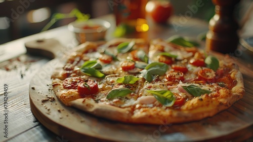 A delicious pizza on a rustic wooden cutting board. Perfect for food and restaurant concepts