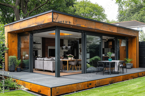 A modern garden room with wooden cladding and sliding doors, creating an open plan living space in the backyard of a home. Created with Ai