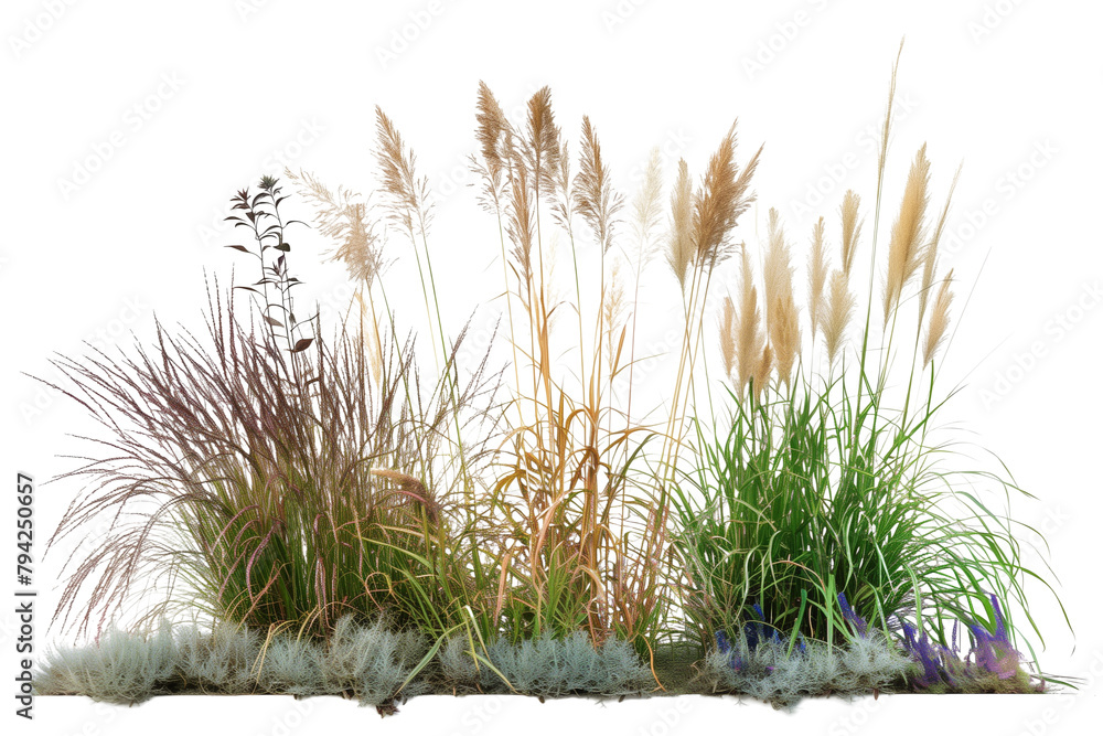 Fototapeta premium Tall ornamental grass bed featuring varieties such as feather reed and blue fescue, adding elegance and texture to garden landscapes, isolated on transparent background