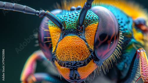 Macro closeup of a colorful hornet (Epilobium), extreme macro shot of the head of a bee. Intricate details and hue colors.
