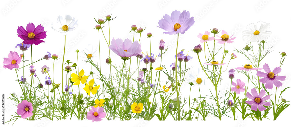 Meadow of wildflowers including cosmos and wild daisies, showcasing nature’s untamed beauty, isolated on transparent background
