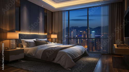 Luxurious bedroom interior with minimalist decor with panoramic windows overlooking the night metropolis. Stylish interior design concept.