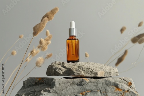 A bottle of oil sitting on top of a rock. Suitable for various outdoor and natural themes photo