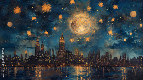 Artistic Night Sky and Cityscape with Celestial Fireworks.