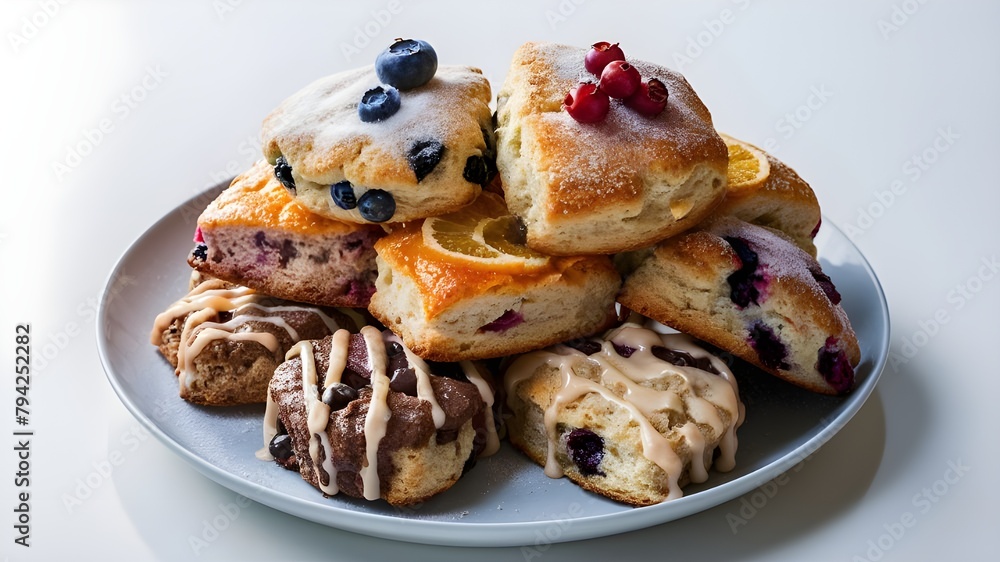 Assortment of scones presented on a pristine white surface, with flavors such as blueberry, cranberry orange, and chocolate chip, against a smooth white background. Assortment of scones presented on a pristine white surface, with flavors such as blueberry, cranberry orange, and chocolate chip, against a smooth white background.