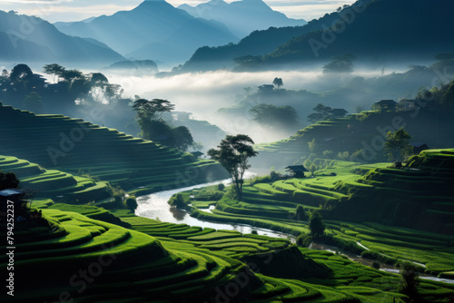 Picturesque rice fields against the background of magical nature