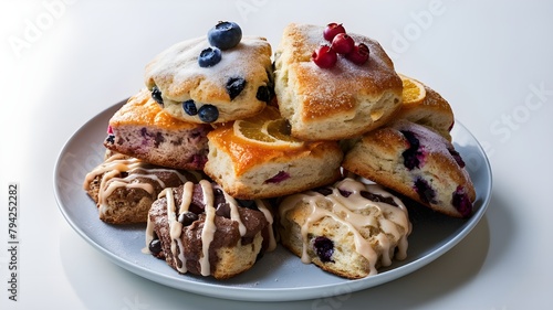 Assortment of scones presented on a pristine white surface, with flavors such as blueberry, cranberry orange, and chocolate chip, against a smooth white background.