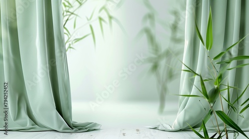A light green curtain is draped on each side of the frame, with blurred bamboo seen behind the curtain. photo