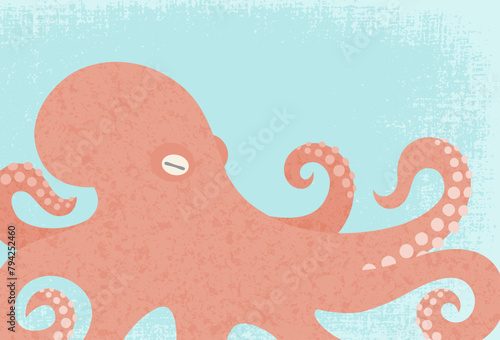 A pink octopus underwater, in a cut paper style with textures
