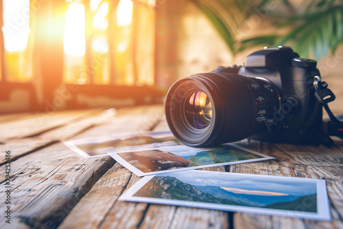 Camera and photos on wooden table at sunrise photo