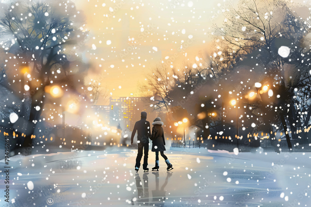 Gliding together: Couple ice skates in a scenic snowy setting, enjoying a winter holiday Gliding together: Couple ice skates in a scenic snowy setting, enjoying a winter holiday