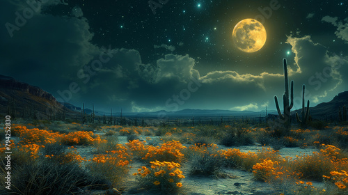 7. Moonlit Majesty: Under the ethereal glow of a full moon, a surreal scene unfolds in the desert as tall cacti cast elongated shadows across the sand, their otherworldly shapes il