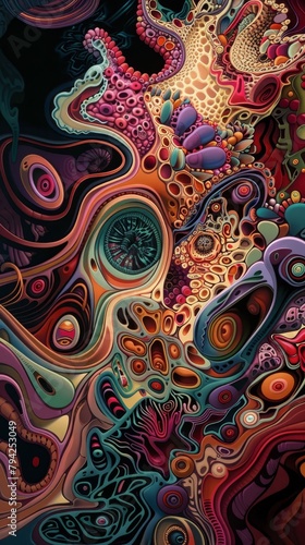 Vivid and colorful abstract painting with intricate patterns and shapes.