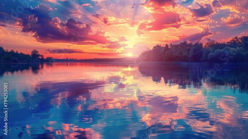 A tranquil lake reflecting the vibrant colors of a sunset sky, where the still waters mirror the beauty of the evening.