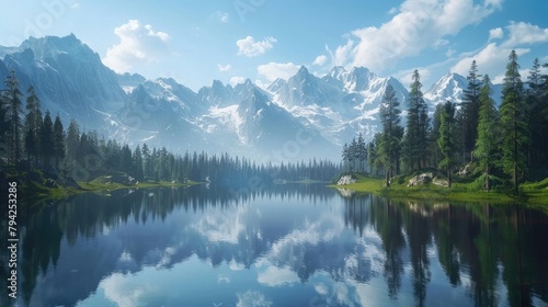 A tranquil lake reflecting the towering mountains that embrace it, a serene mirror of nature's grandeur.