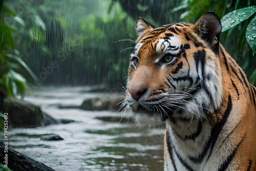 Bengal tiger with a mustache walks through a pond and does not look at the camera.