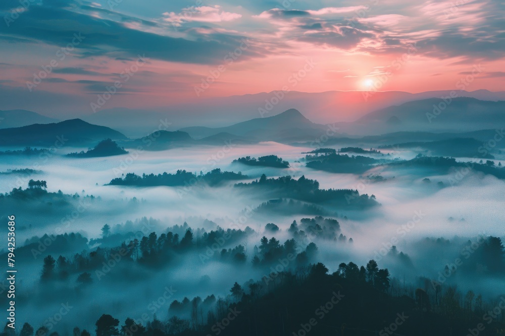 A beautiful sunset over a misty valley, perfect for nature and landscape themes