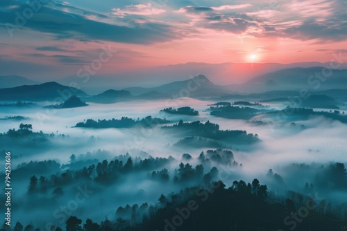 A beautiful sunset over a misty valley  perfect for nature and landscape themes